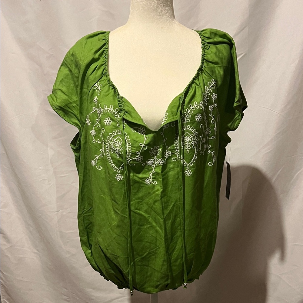 Unique Spectrum Green Blouse with White Embroidery